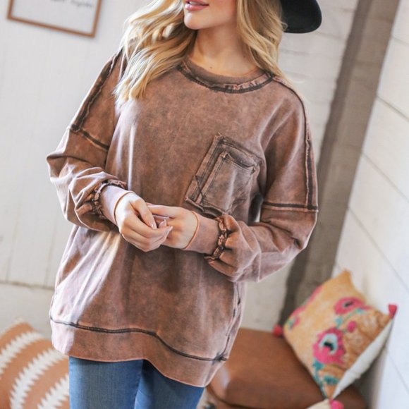 Zenana NWT Acid Wash Cotton Pullover with Side Pockets in Rust Brown - Picture 5 of 8